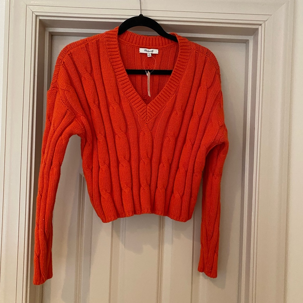 NWT Madewell Medium Vibrant Orange V-Neck Cable Knit Cropped Sweater